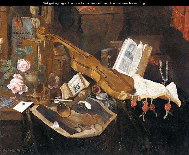 Vanitas Still Life With A Violin, A Recorder, A Pipe, An Almanach And Other Books Together On A Table - Dutch School