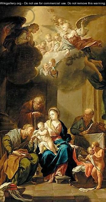 The Holy Family With Saints Anne And Joachim, With Angels - (after) Francesco Trevisani