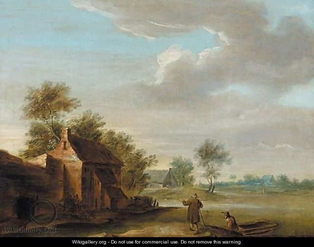 A River Landscape With Figures Mooring A Boat On A Bank Near A Cottage - Flemish School