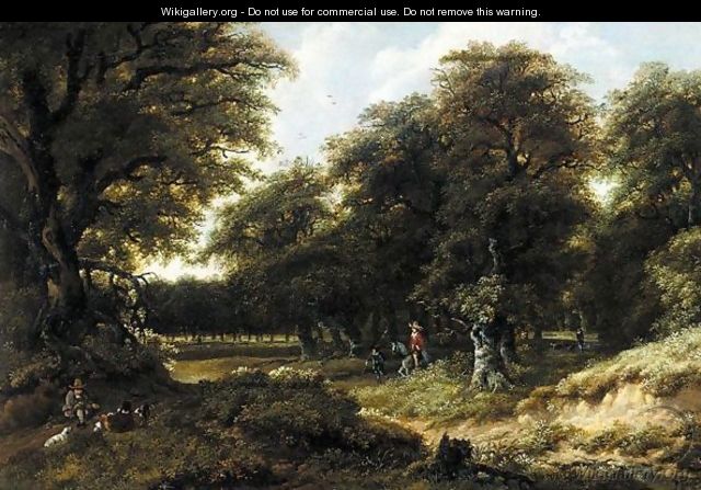 A Wooded Landscape With Huntsmen On A Path, Figures Resting In A Clearing In The Foreground - Gillis Rombouts