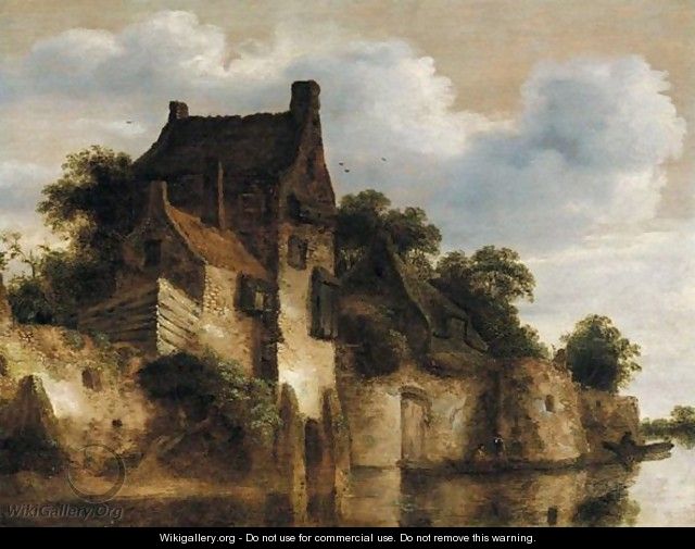 A River Landscape With Houses Above A Set Of Ramparts On The Edge Of The Water, Figures In A Boat Below - Roelof van Vries
