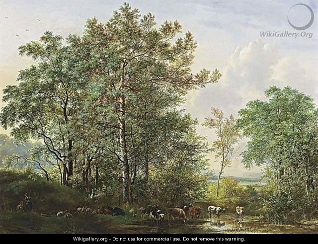 Cows In A Wooded Landscape - Pieter Gerardus Van Os