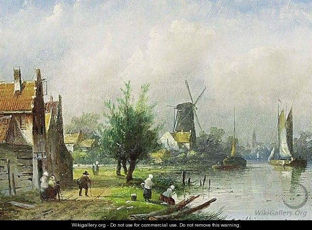 A Sunny Landscape With Washerwomen On A Riverbank - Jan Jacob Coenraad Spohler