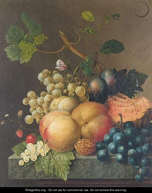 Still Life With Peaches, Plums, Strawberries, Grapes, A Walnut And A Melon On Stone Ledge - (after) Willem Van Leen