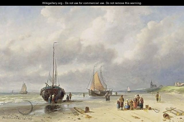Fisherfolk On The Beach - Charles Henri Leickert