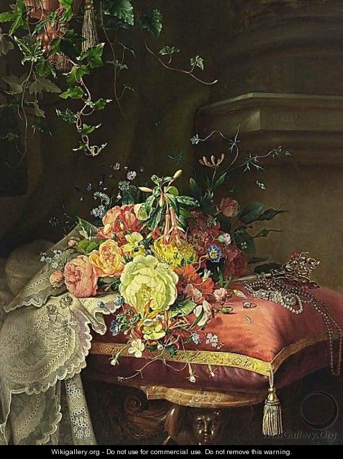 A Still Life With Flowers, Lace And Jewellery - Dirk Jan Hendrik Joosten