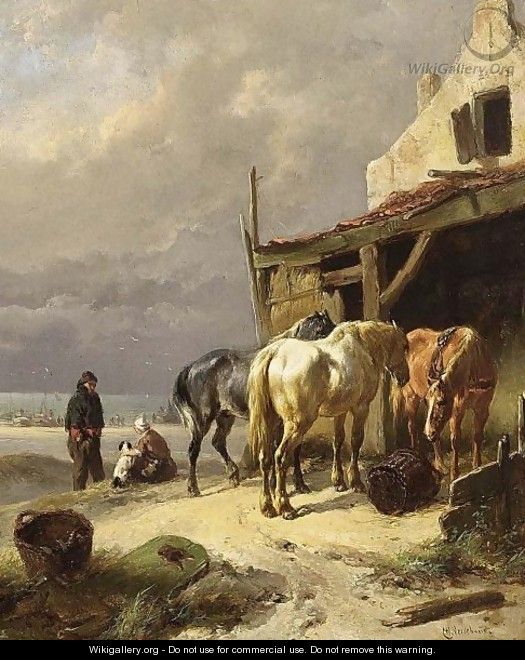 Horses At Rest Near The Beach - Wouterus Verschuur