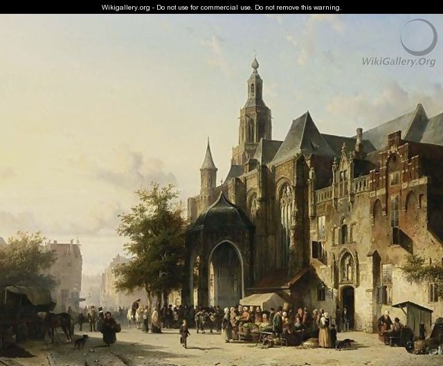 Many Figures On A Market Square In Front Of The St. Stevens Church, Nijmegen - Cornelis Springer