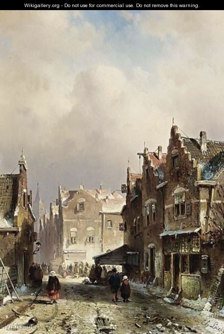 Villagers In The Streets Of A Wintry Town - Charles Henri Leickert