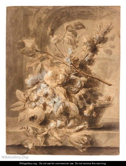 A Basket Of Flowers On A Ledge - (after) Huysum, Jan van