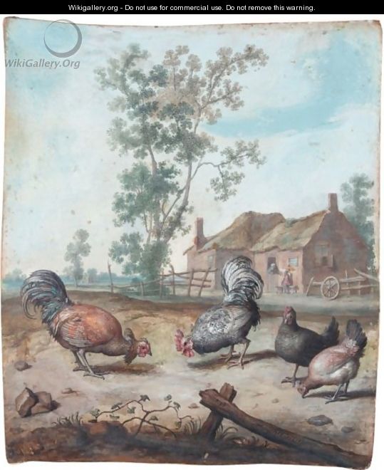 Cockerels And Chickens In A Farmyard - Margareta De Heer