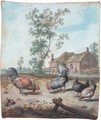 Cockerels And Chickens In A Farmyard - Margareta De Heer