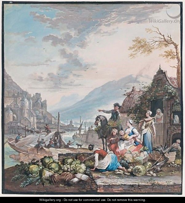 A Market Scene With Figures By A Quayside And A Mountainous River Landscape Behind - Willem Troost