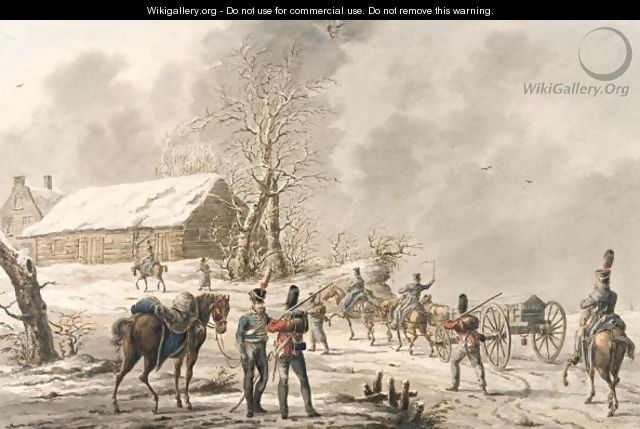 Winter Scene, With Soldiers And A Gun-Carriage Approaching A Farm - Jan Anthonie Langendijk