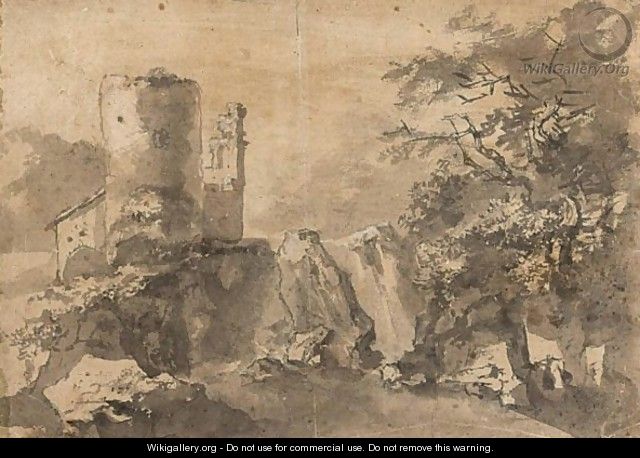 Italianate Landscape With A Ruined Tower Near Rocks - (after) Adam Pynacker