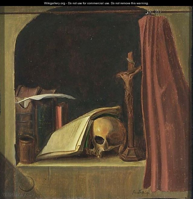 Still Life With A Skull, A Crucifix And Books In A Stone Niche - Telbisz. Unrecorded