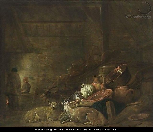 A Barn Interior With A Kitchen Still Life Together With A Goat And A Sheep - Francois Ryckhals