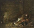 A Barn Interior With A Kitchen Still Life Together With A Goat And A Sheep - Francois Ryckhals
