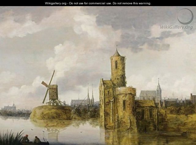 A River Landscape With A Fortified Tower And A Windmill, A View Of A Town With Churches In The Background - Pieter Segaer