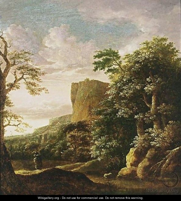 A Southern Wooded Landscape With A Traveller Near A Stream, Mountains Beyond - (after) Cornelis Matthieu