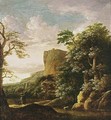 A Southern Wooded Landscape With A Traveller Near A Stream, Mountains Beyond - (after) Cornelis Matthieu