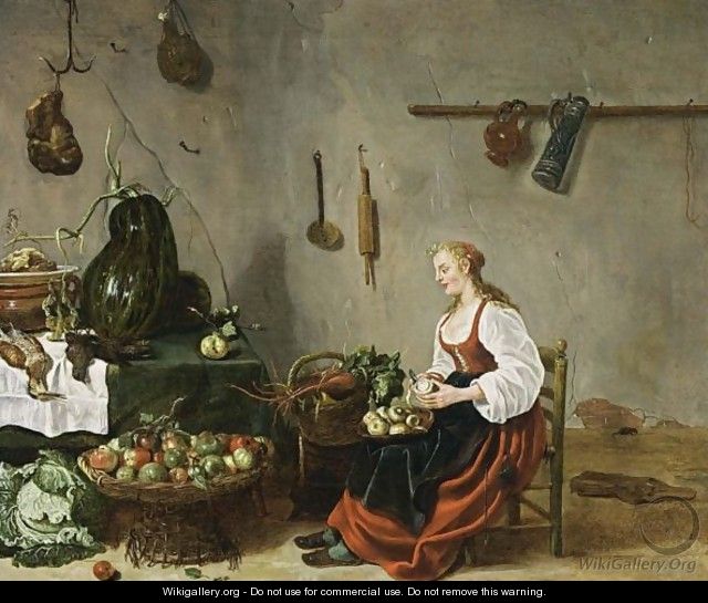 A Kitchen Interior With A Maid Cleaning Turnips - Sybrand Van Beest