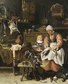 A Kitchen Interior With A Maid Plucking A Duck And A Little Boy Eating Porridge - Sybrand Van Beest