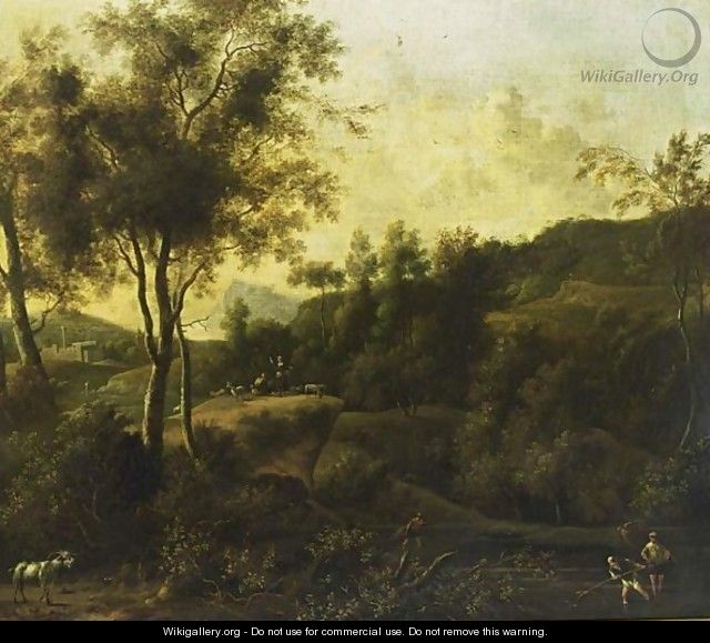 A Southern Wooded Landscape With Fishermen In A Stream And Shepherds With Their Herd In The Background - Frederick De Moucheron