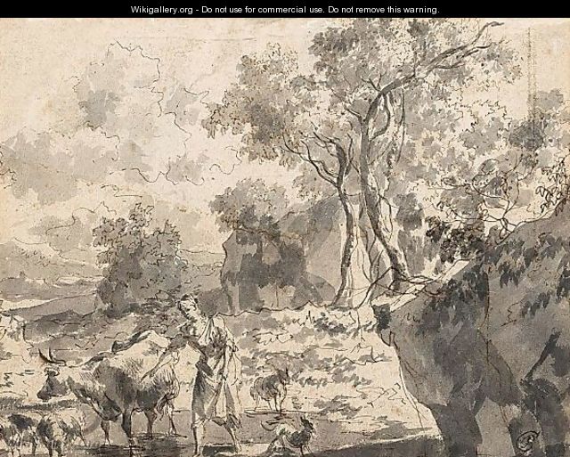 Rocky Landscape With A Peasant Woman And Her Animals In A Stream - Dutch School