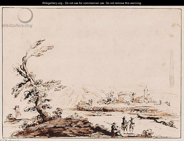 Landscape With Figures By A Tree, And Distant Buildings - (after) Giovanni Francesco Guercino (BARBIERI)