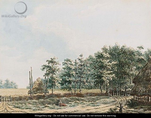 Landscape With Peasants Near A Farm, A Cornfield And Woods Behind - Frans Andreas Milatz