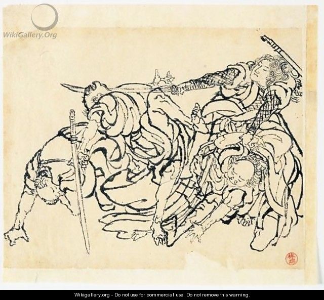 Dessin Lutte De Guerriers - Katsushika Hokusai