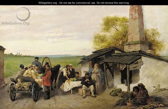 City Travellers Being Offered Fruit At A Ukrainian Roadside Dwelling - Konstantin Alexandrovich Trutovsky
