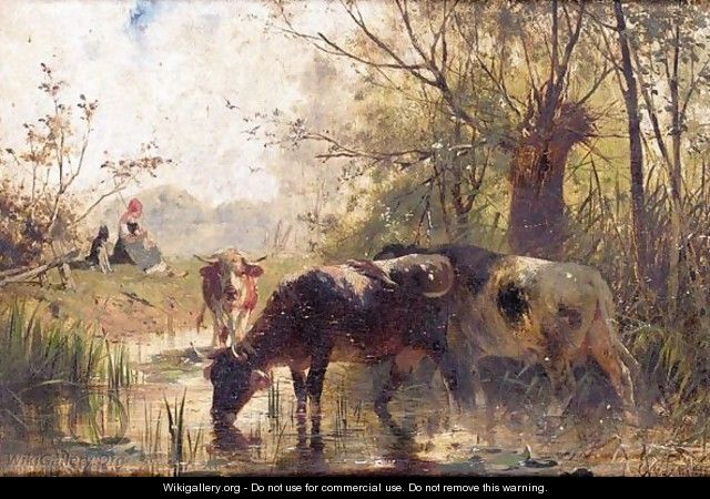 Cattle Watering By A River - Continental School