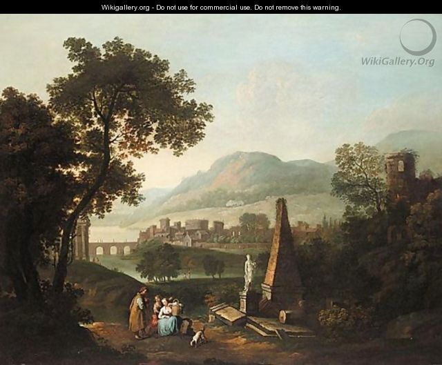 A Classical Landscape With A Family In The Foreground And An Obelisk And Ruins To The Right - George, of Chichester Smith