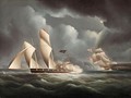 A British Frigate Attacking A Pirate Lugger At Night - (after) James E. Buttersworth