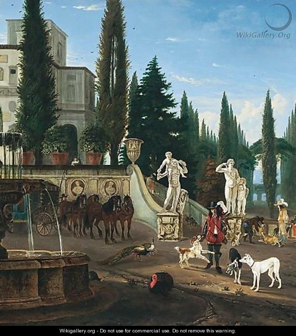 The courtyard of an italianate villa with a hunting party - Jan Blom