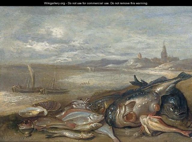 A still life of various fish and crustaceans on a bech - Jan van Kessel