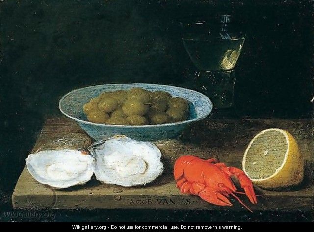 A still life of green olives in a blue and white porcalein bowl - Jacob Foppens Van Es