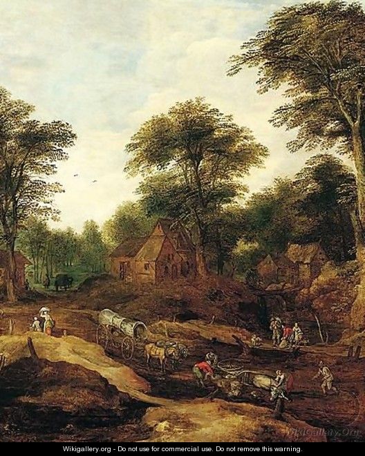 A wooded landscape with an overturned waggon on a path before a village - (after) Joos De Momper