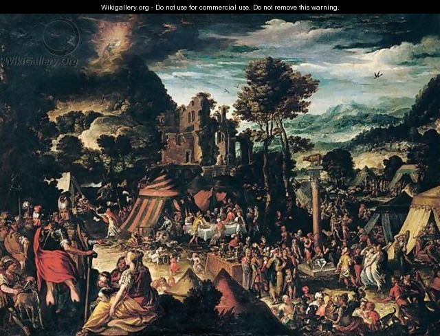Moses receiving the commandments and the israelites adoring the golden calf - North-Italian School