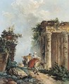 Two figures on horseback in a landscape with ruins - (after) Hubert Robert