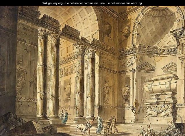 Capriccio view of a temple interior with figures - (after) Charles-Louis Clerisseau