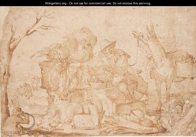Market scene with a men, a mule and monkey - (after) Cornelis De Wael