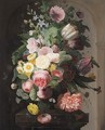 Still Life With Roses, Daisies, Poppies, Lilies And Other Flowers In A Vase On A Stone Pedestal - French School