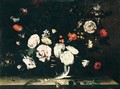 A Still Life Of Roses, Carnations, Tulips And Other Flowers, In A Glass Vase, A Snail And Lizards Nearby, All Resting Upon A Stone Ledge - Roman School