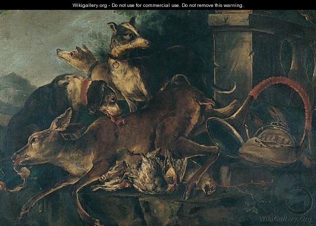 Still Life With Hounds, A Stag, Partridges And Other Game, With A Hunting Horn In A Parkland Landscape - (after) Baldassare De Caro