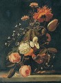 Still Life With Roses, Tulips, Carnations, And Other Flowers In A Glass Vase On A Stone Ledge - (after) Simon Pietersz. Verelst