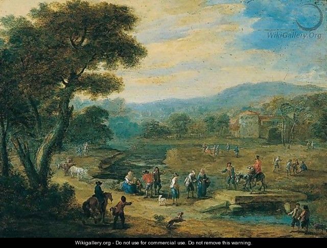 Landscape With Peasants Resting Beside A Stream With Buildings Beyond - Matthys Schoevaerts