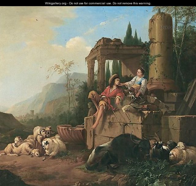 Southern Landscape With A Drover And Shepherdess With Their Flocks Beside A Fountain - Johann Heinrich Roos